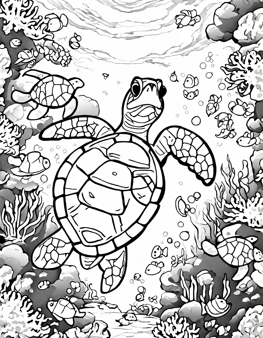 coloring page featuring sea turtles and fish in a vibrant seagrass meadow underwater in black and white