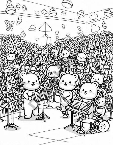 orchestra pit preparation coloring page with musicians tuning instruments under stage lights in black and white