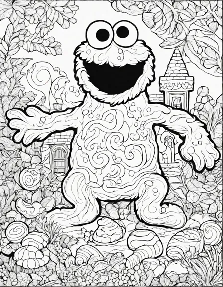 Coloring book image of cookie monster's sugary dreamland, filled with an assortment of delectable cookies waiting to be colored in vibrant hues, reflecting the monster's sweet cravings in black and white