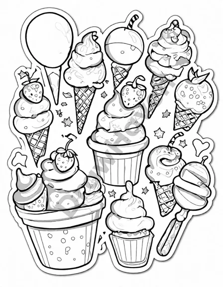 Coloring book image of children at ice cream sundae building party with colorful toppings and festive decorations in black and white