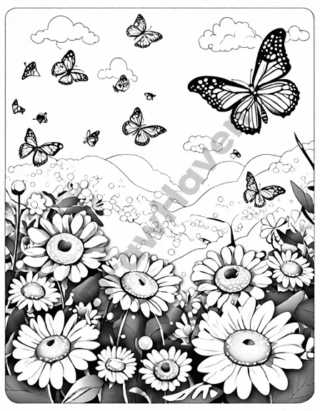 coloring book page with butterflies around flowers in sunlight, awaiting color in black and white