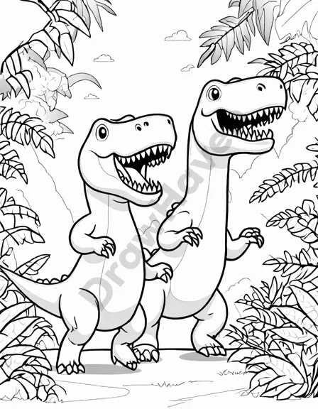 Coloring book image of tyrannosaurus rex chasing a velociraptor in a detailed, dense jungle scene with onlooking dinosaurs in black and white
