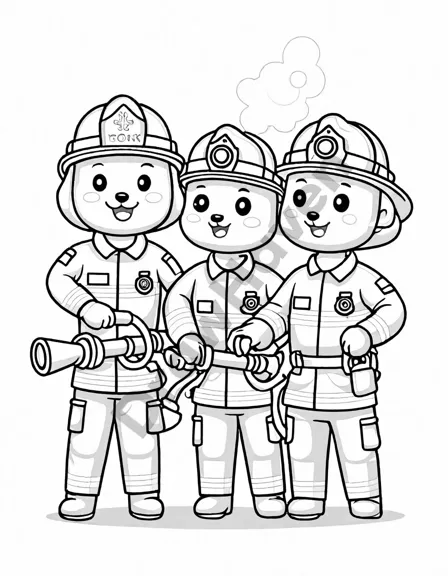Coloring book image of firefighters preparing hose to battle blaze, reflecting teamwork and bravery in black and white