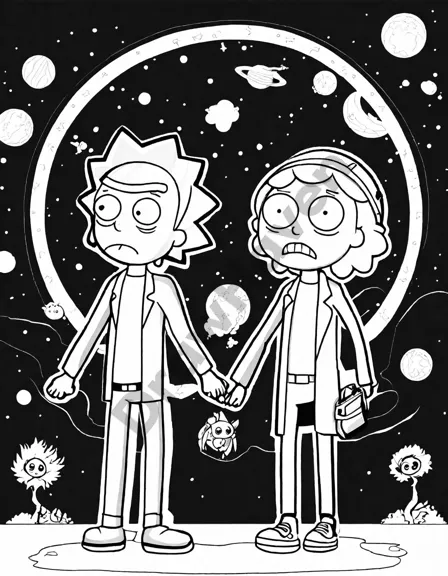 Coloring book image of rick and morty flee galactic federation ship in total rickall in black and white