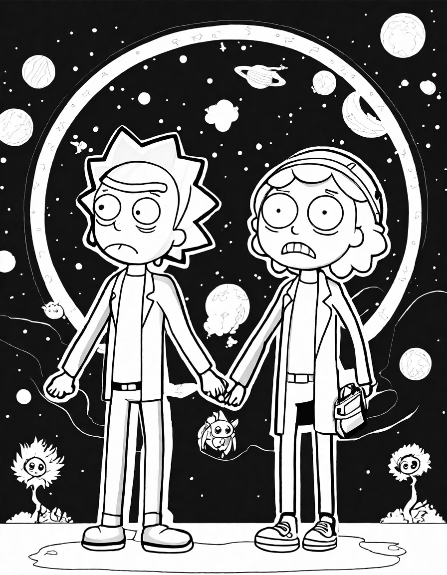 Coloring book image of rick and morty flee galactic federation ship in total rickall in black and white