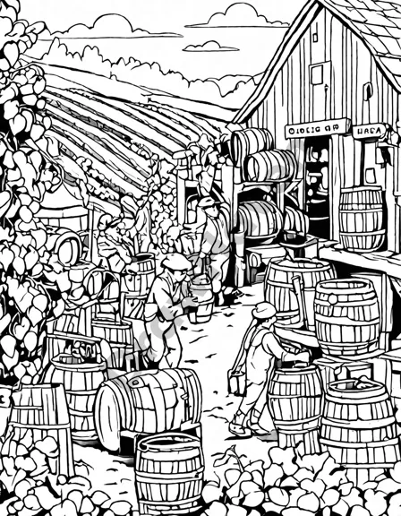 Coloring book image of whimsical winery scene featuring bustling workers, intricate barrels, and rows of filled bottles, showcasing the vibrant winemaking process in black and white