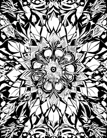 kaleidoscope coloring page with vibrant hues and geometric patterns in a vortex of color and shape in black and white