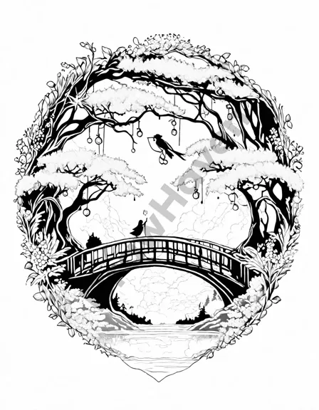 coloring page of garden bridges over elf streams in a magical, flora-rich realm in black and white