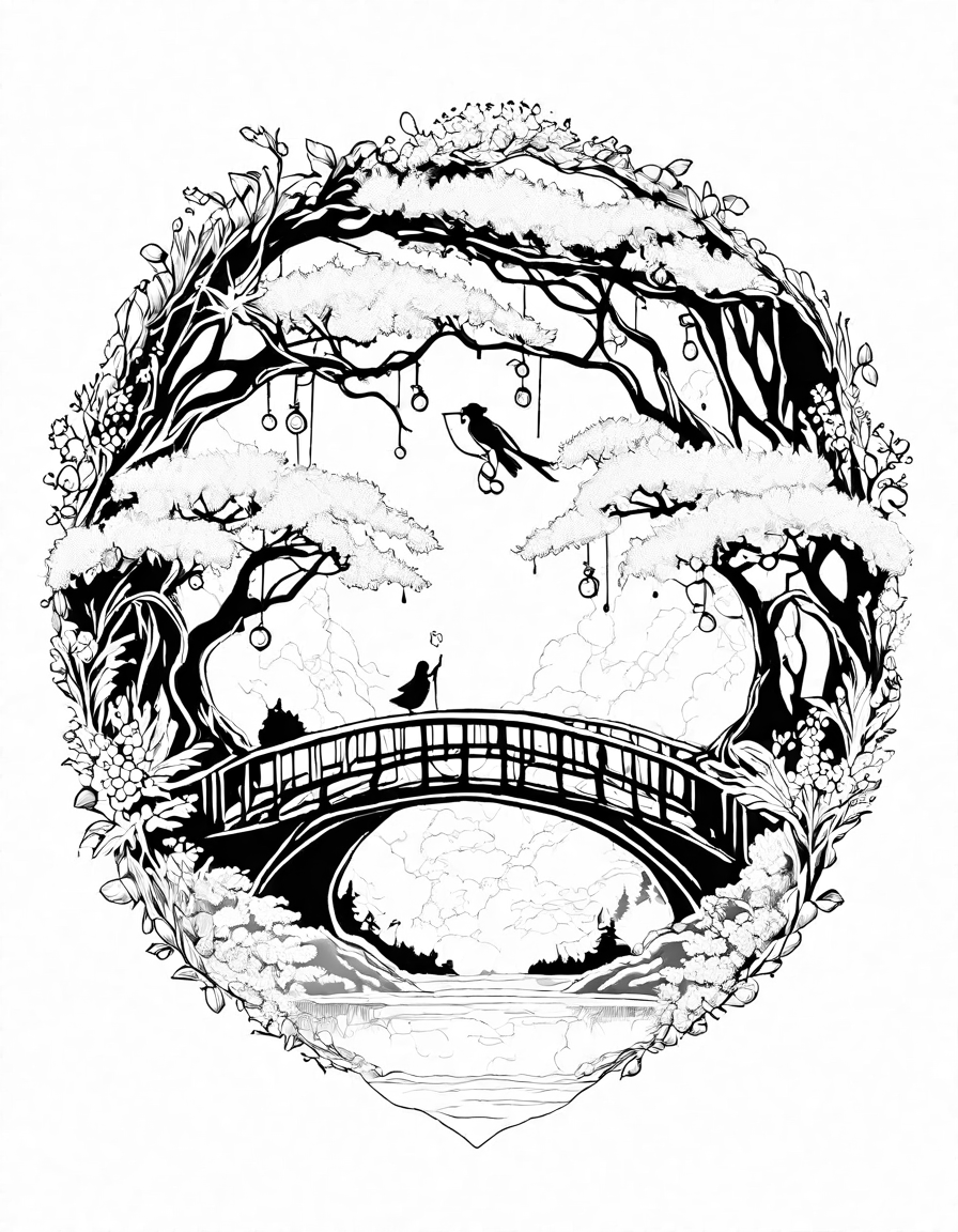 coloring page of garden bridges over elf streams in a magical, flora-rich realm in black and white