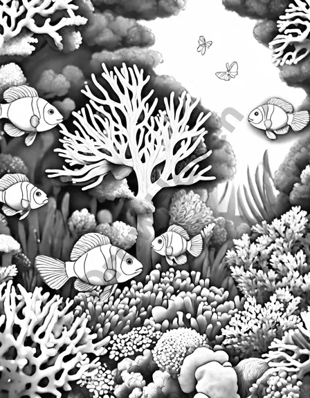 Coloring book image of colorful coral reef illustration with clownfish, seahorses, and turtle, inviting exploration of underwater ecosystem textures in black and white