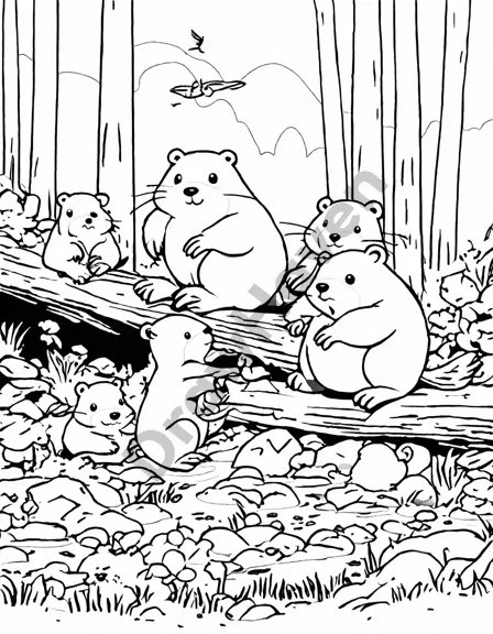 beaver family building a lodge on a coloring page set in a serene woodland by a stream in black and white