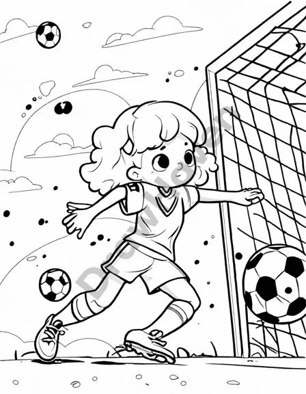 Coloring book image of defenders blocking a shot near the goal in a tense soccer game moment in black and white