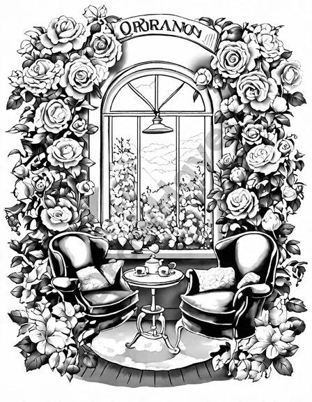Coloring book image of charming tea shop nestled amidst blooming roses, offering tranquility and escape in black and white