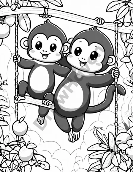 monkey mischief among the trees coloring page featuring playful monkeys in a vibrant jungle scene in black and white
