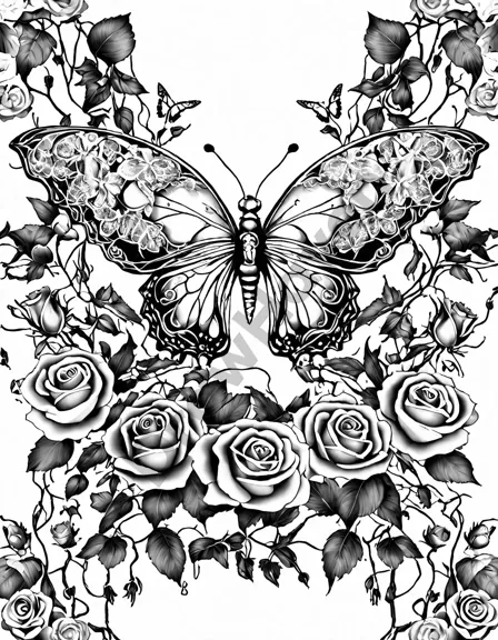 enchanting coloring page featuring delicate butterflies fluttering among vibrant roses in a secret garden sanctuary in black and white