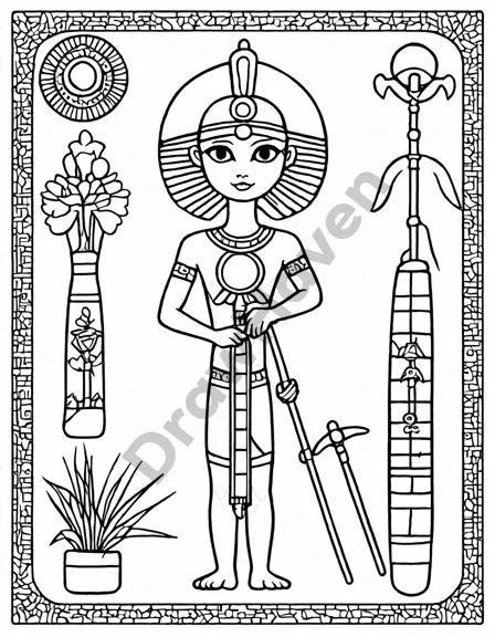 coloring book page featuring ancient egyptian symbols like the eye of horus and ankh, with lotus and papyrus illustrations in black and white