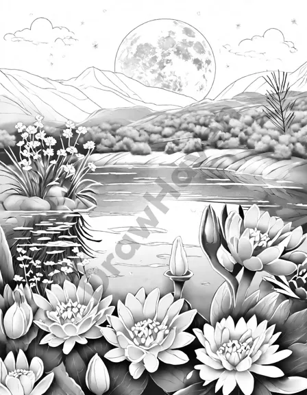 Coloring book image of celestial desert oasis blooms under a full moon, with vibrant flowers, crystal-clear waters, and distant wildlife in black and white