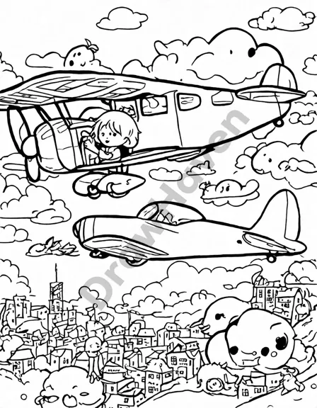 coloring book page of a child's first flight, looking through an airplane window at clouds and the world below in black and white