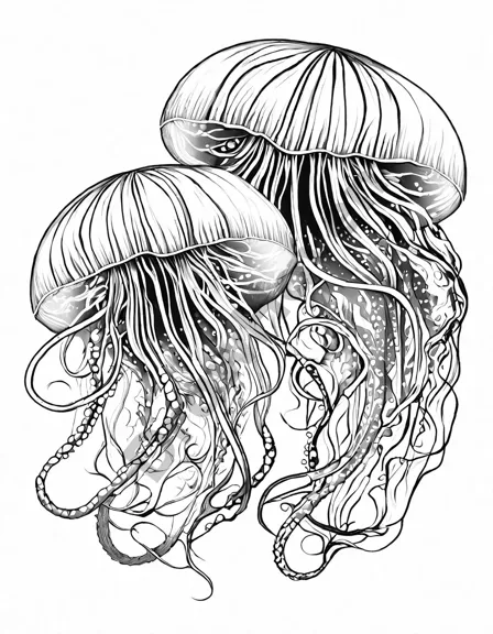 ethereal jellyfish dancing gracefully underwater coloring page for artists inspired by marine life in black and white