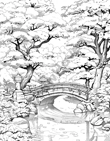 autumn-themed japanese garden coloring page with maple trees, gingko trees, and a tranquil pond in black and white