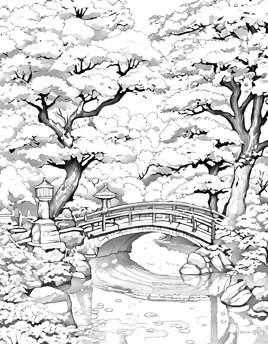 autumn-themed japanese garden coloring page with maple trees, gingko trees, and a tranquil pond in black and white