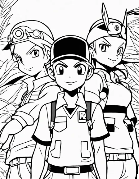 team rocket's mischief in pokemon coloring book page: jessie, james, meowth, wobbuffet in black and white