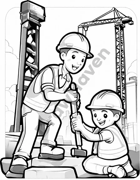 coloring page featuring a pile driver at a construction site with workers and cranes in black and white