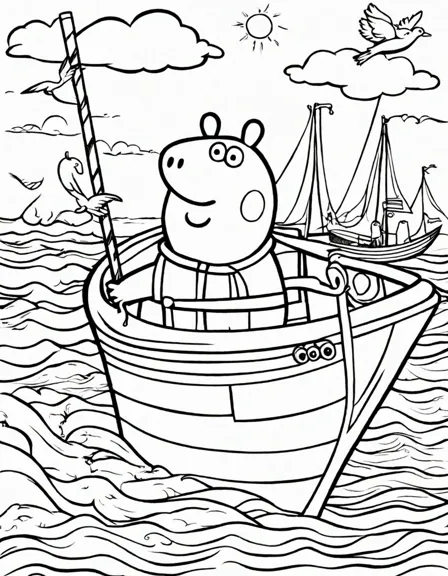 Coloring book image of grandpa pig embarking on a delightful boat trip, surrounded by playful seagulls and shimmering waves in black and white