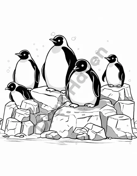 enchanted coloring page of an emperor penguin colony in an icy wilderness glacier in black and white
