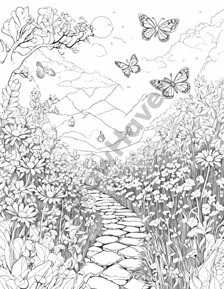 Coloring book image of mystical dance of the butterflies illustration in an enchanted garden setting in black and white