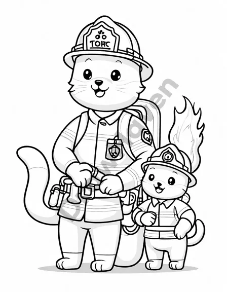 Coloring book image of firefighters rescuing pets from a fire, with a firefighter holding a kitten and another saving a puppy in black and white