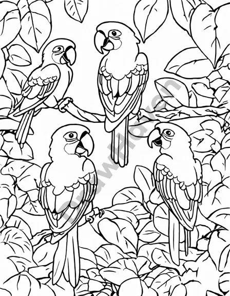 coloring book page featuring scarlet macaws, blue-and-gold macaws, and green parakeets in a tropical rainforest in black and white