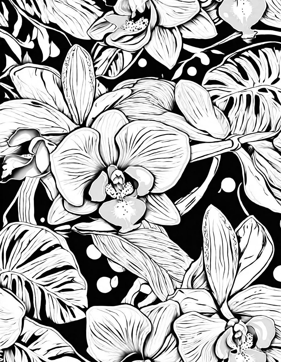 exotic orchids of the deep jungle coloring page featuring vibrant, intricate orchids amidst lush foliage and vines in black and white