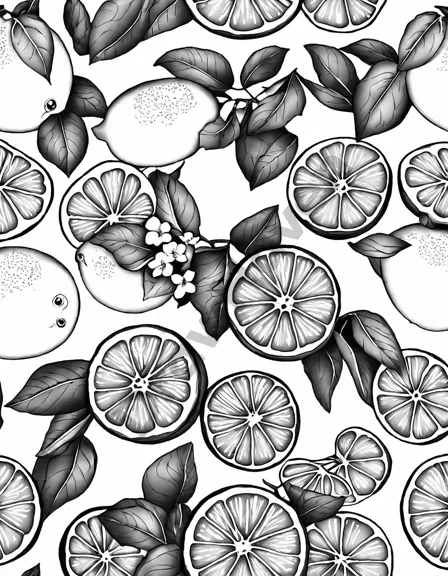 coloring book page with detailed lemons, limes, and oranges among leaves and blossoms in black and white