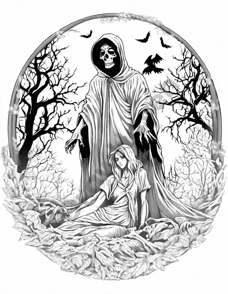 Coloring book image of zombies emerging from graves under a midnight moon in a misty, eerie graveyard scene in black and white