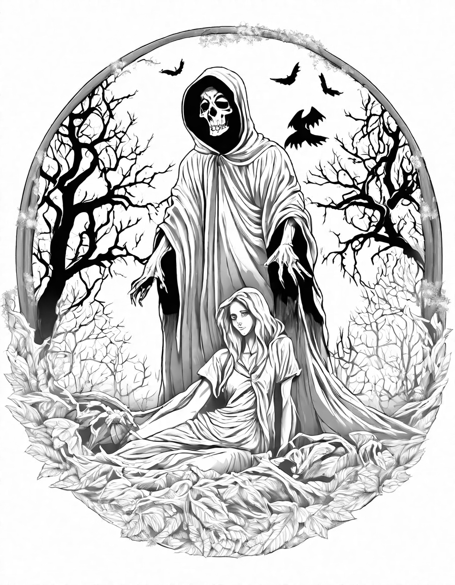 Coloring book image of zombies emerging from graves under a midnight moon in a misty, eerie graveyard scene in black and white