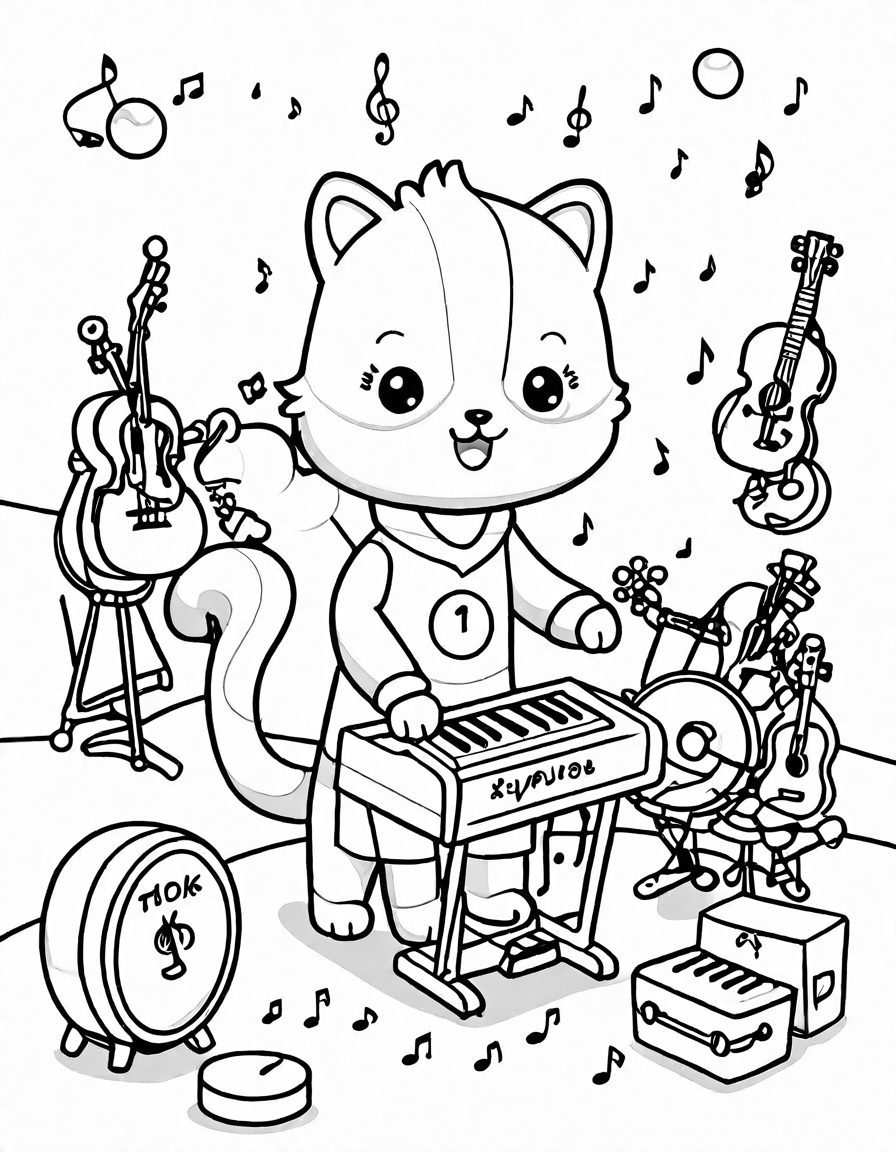 coloring page of a toy store music corner with pianos, guitars, and a drum set for kids in black and white