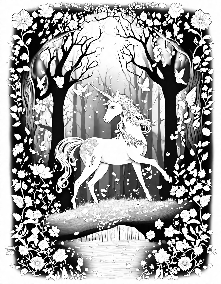enchanted forest coloring page featuring unicorns, owls, fairies, pixies, and gremlins, perfect for immersive coloring experience in black and white