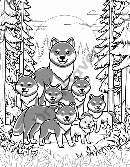coloring book image of wolf pack in forest with alpha leading, cubs playing, inviting coloring in black and white