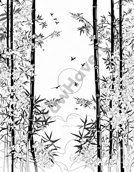 whispers of zen in the wind coloring page featuring bamboo, cherry blossoms, and a serene garden for mindfulness and relaxation in black and white