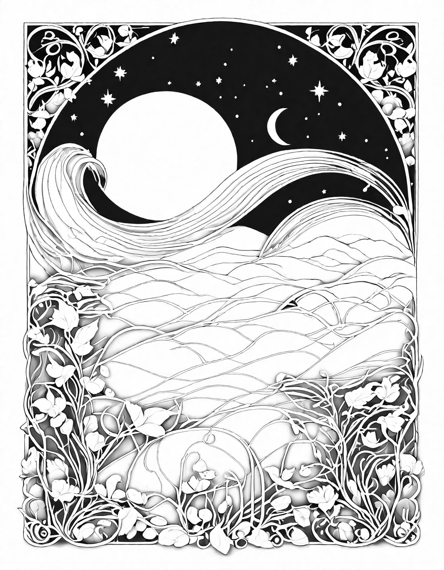 art nouveau coloring book page with intricate moonlit scenes, flowing curves, and enchanting details in black and white