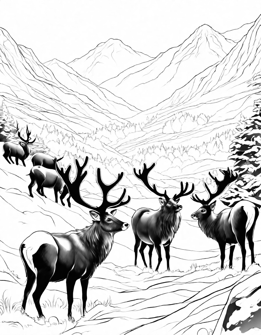 Coloring book image of graceful reindeer herd migrating across vast, snow-covered arctic landscapes in black and white