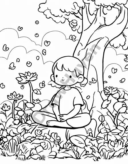 Coloring book image of tranquil meditation under ancient tree with lush grass and flowers, ideal for colorists seeking relaxation and peace in black and white