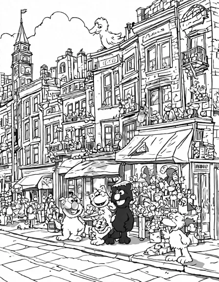 sesame street coloring book page featuring elmo, zoe, big bird, grover, and the iconic neighborhood in black and white