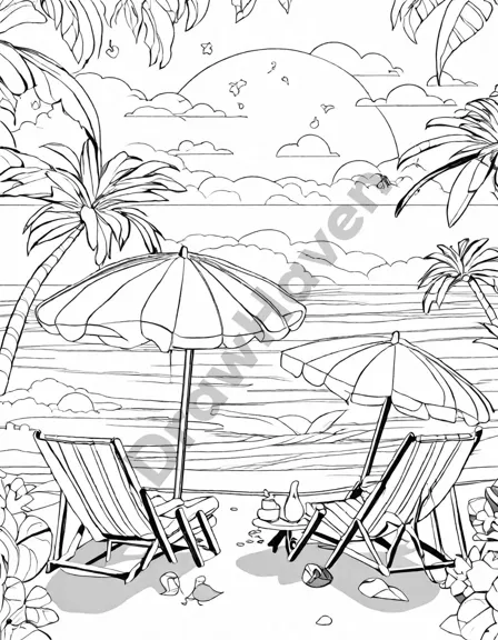 Coloring book image of colorful beach scene with umbrellas, lounging beachgoers, and gentle waves in black and white