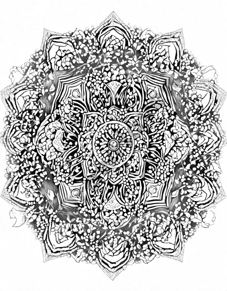 Coloring book image of mystic garden mandala with intricate patterns and rare flowers spiraling from a luminous center in black and white