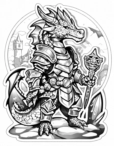 Coloring book image of knight facing a dragon in a treasure-filled cave, poised for an epic confrontation in black and white