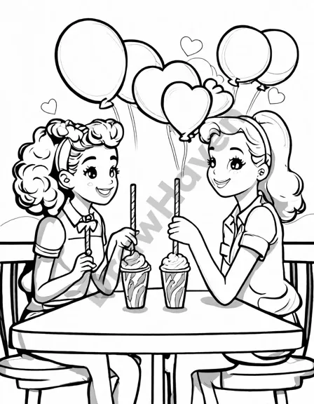 characters sharing a milkshake in a romantic, detail-rich diner coloring scene in black and white