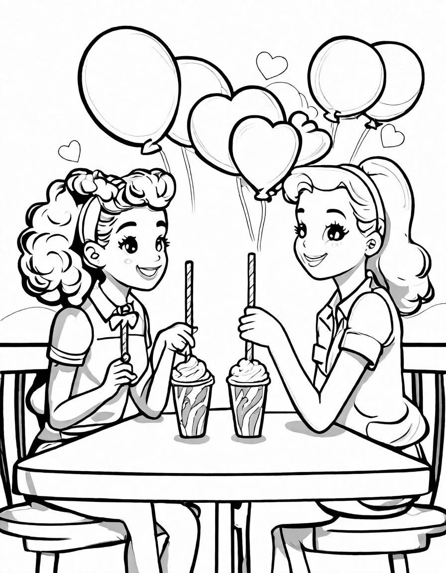 characters sharing a milkshake in a romantic, detail-rich diner coloring scene in black and white