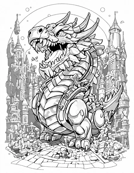 coloring page featuring a lego toy store with children building and a brick dragon mascot in black and white